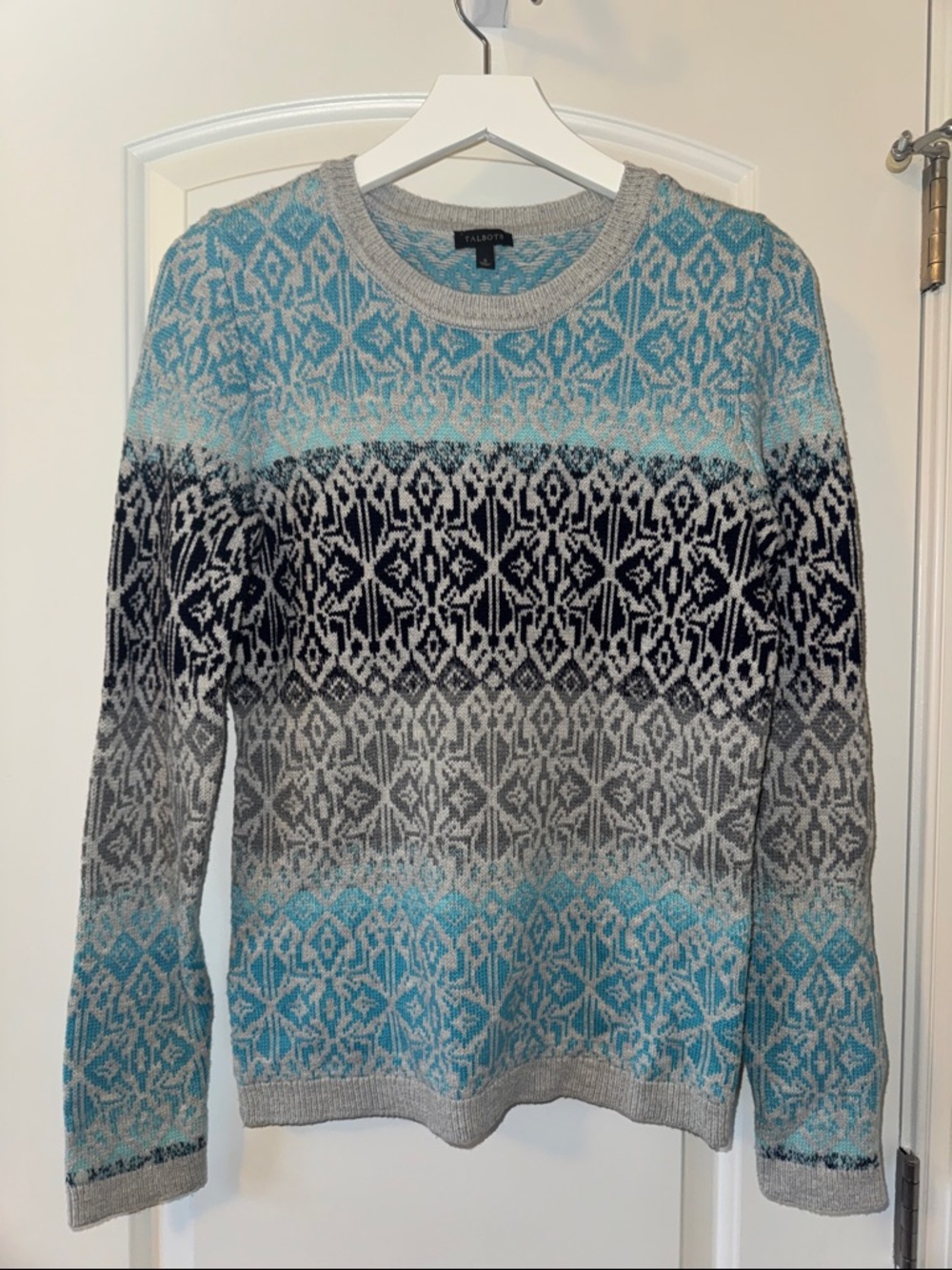 Talbots Teal, Navy & Gray Fair Isle Crewneck Sweater
